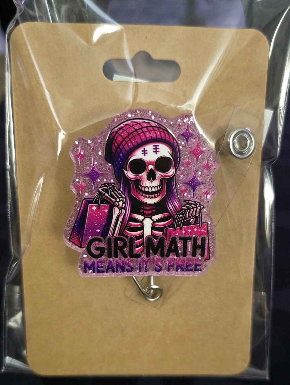 Pink Glitter Skull "Girl Math" Novelty Badge Reel - Retractable ID Holder